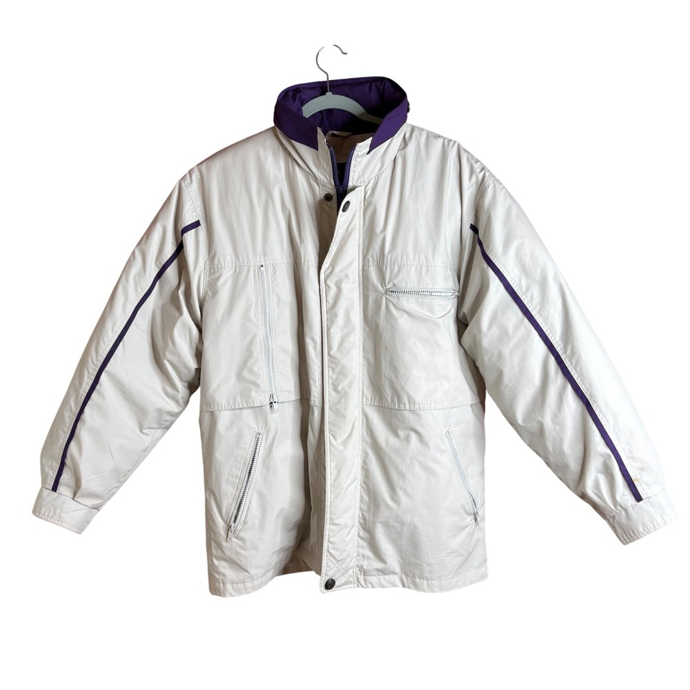 London Fog Puffer Jacket Women M Cream Purple Vintage Ski Coat EUC